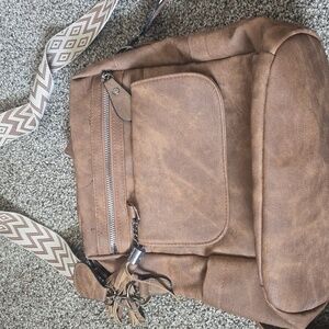 Tan Crossbody Shoulder Bag with Chevron Strap